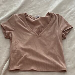Tilly's Light Brown Ribbed V-Neck Tee